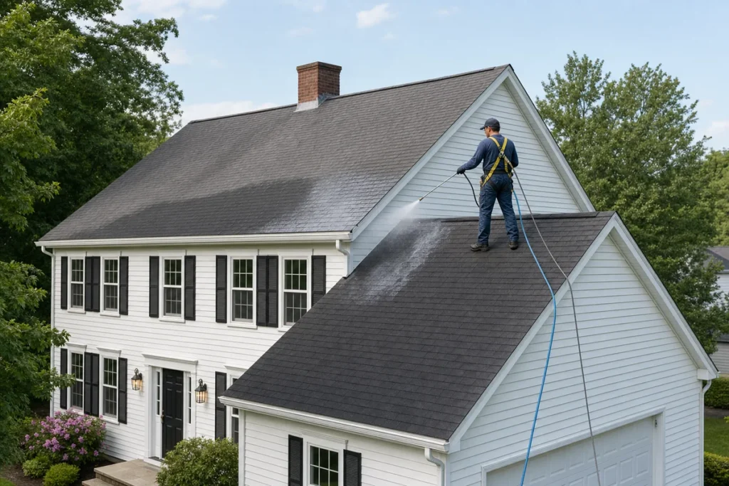 Roof cleaning technician soft-washing asphalt shingles on a North American colonial home